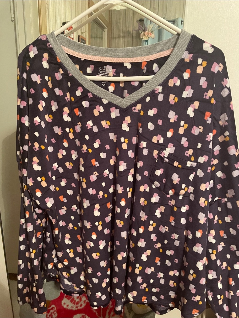 Cuddl Duds Graphic V-Neck set in Navy with Pastel Dots!